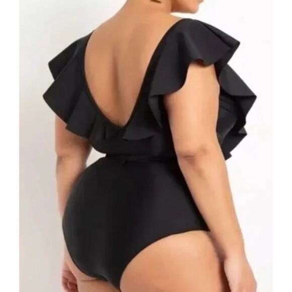 NWT Eloquii Glamour Sexy One Piece Swimsuit Black Ruffle Flutter Resort Pool 18 - Picture 2 of 7